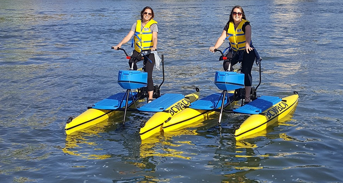 Hydrobike catamaran water bike, dual-hull design for stable False Creek riding